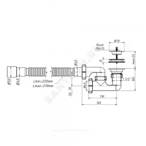 Сифон для поддона регулируемый 1 1/2"x50/40 с гофрой 40х40/50 выпуск с нержавеющей решёткой D=70мм Орио А-82589