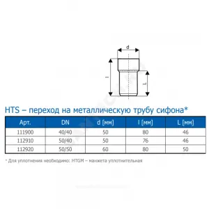 Переход PP-H на металлическую трубу сифона серый HT HTS Дн 40/40 б/нап б/к Ostendorf 111900
