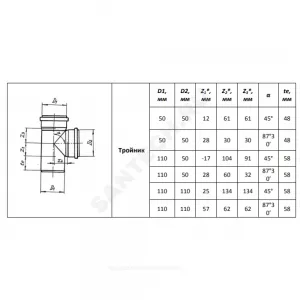 Тройник PP-H переходной серый Дн 110х50х45гр б/нап в/к VALFEX 22110050