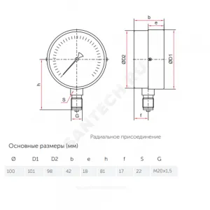 Вакуумметр ТВ-510Р.00 радиальный Дк100мм -0,1-0 МПа кл.1,5 G1/2" Росма 00000007600