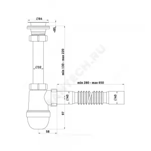 Сифон для умывальника бутылочный 1 1/4"x40 с гофрой 40х40 выпуск с нержавеющей решёткой D=65мм Ани АНИ Пласт C1005