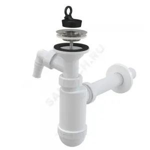 Сифон для умывальника бутылочный 1 1/4"x32 с прямой трубкой 32 с отводом (штуцером) литой выпуск с нержавеющей решёткой D=63мм Alca Plast A410P