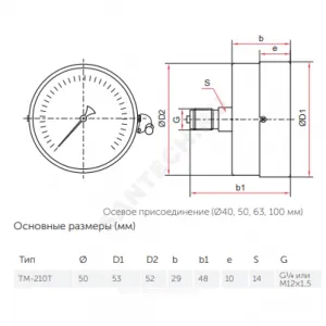 Манометр ТМ-210Т.00 осевой Дк50мм 0-1,6 МПа кл.2,5 G1/4" Росма 00000000599