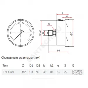 Манометр ТМ-520Т.00 осевой Дк100мм 0-0,6 МПа кл.1,0 G1/2" Росма 00000000981