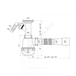 Сифон для умывальника/мойки бутылочный 1 1/2"x40 с гофрой 40х40/50 с отводом (штуцером) литой выпуск с нержавеющей решёткой D=70мм Ани Грот АНИ Пласт A2015