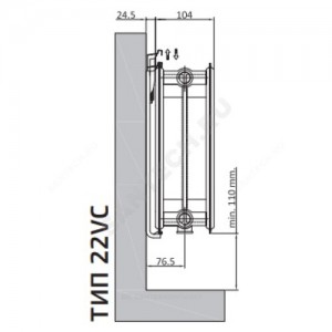 Радиатор стальной панельный Ventil Compact VC тип 22 500х1100 Qну=2436 Вт ниж/п в комплекте кронштейн. встроенный вентиль RAL 9016 (белый) Heaton Plus