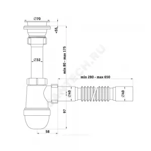 Сифон для кухонной мойки бутылочный 1 1/2"x40 с гофрой 40х40 выпуск с нержавеющей решёткой D=70мм Ани АНИ Пласт C0105